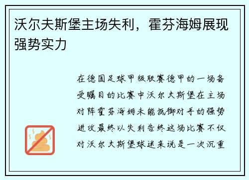 沃尔夫斯堡主场失利，霍芬海姆展现强势实力